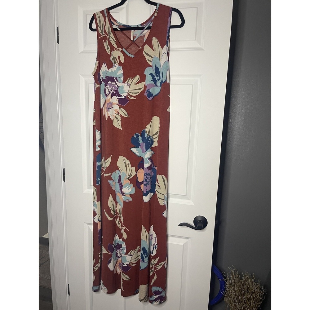 Lime n chili Webbed V Neck Maxi dress large red rust w multicolor floral